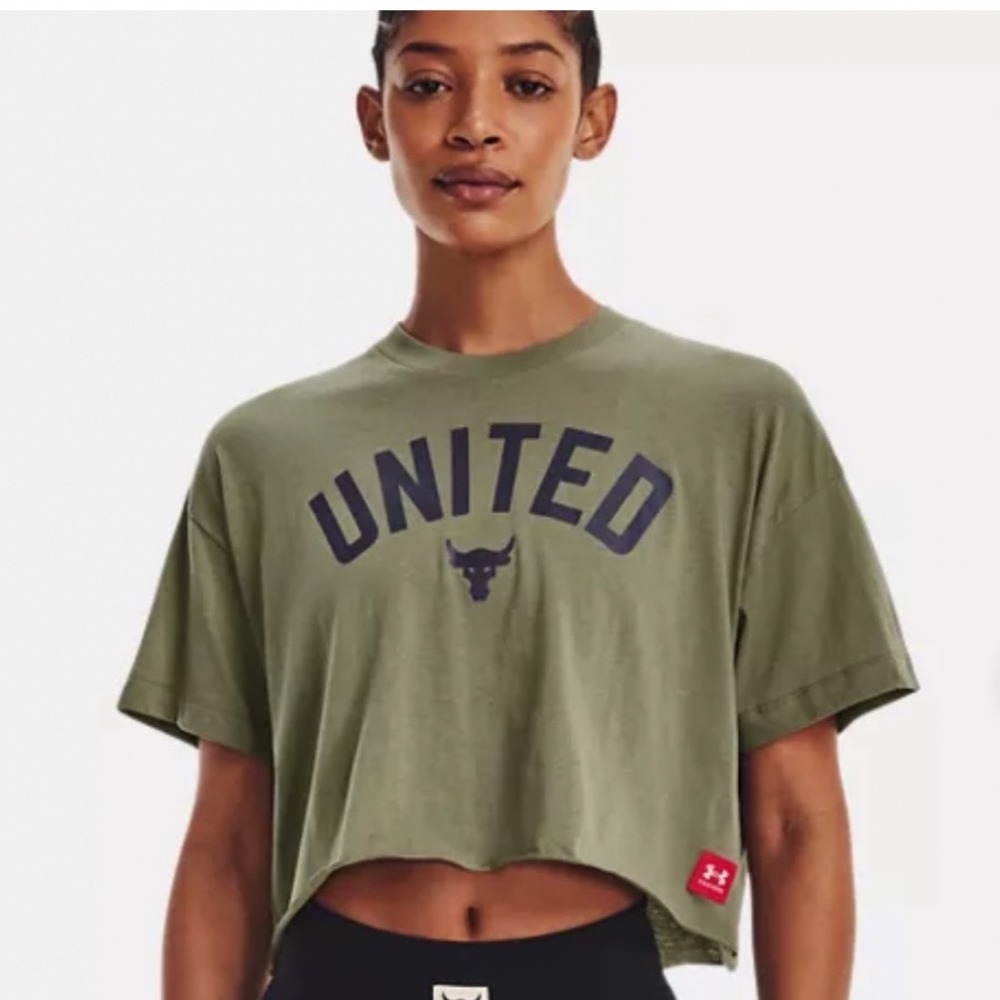 Under Armour Crop Top Womens Large Project Rock Freedom Olive Green EUC